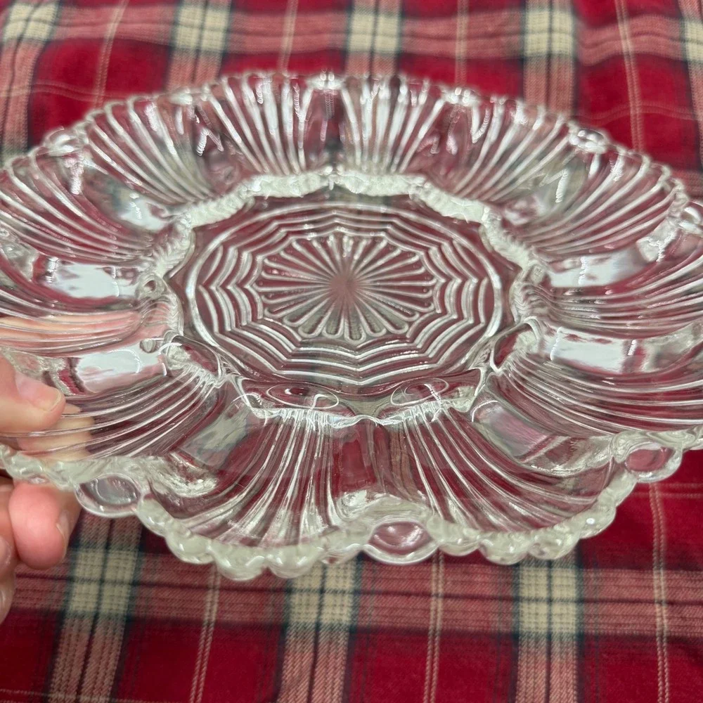Vintage Clear Pressed Glass Deviled Egg Platter 12 Slot Scalloped Sunburst Tray